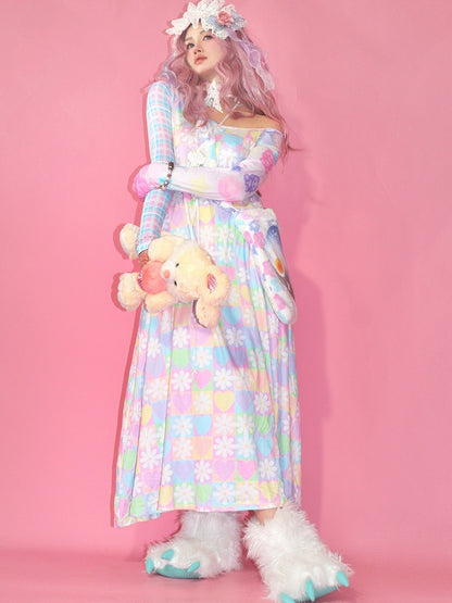 Colorful Bear Y2K Print Floral Heart Pattern And Dress Checked
