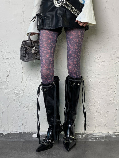 Purple Y2K Floral Print Tights