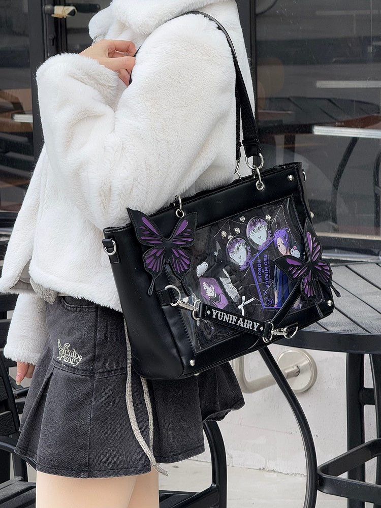 Purple Detachable Butterfly Spiderweb Detail Black Ita Shoulder Bag