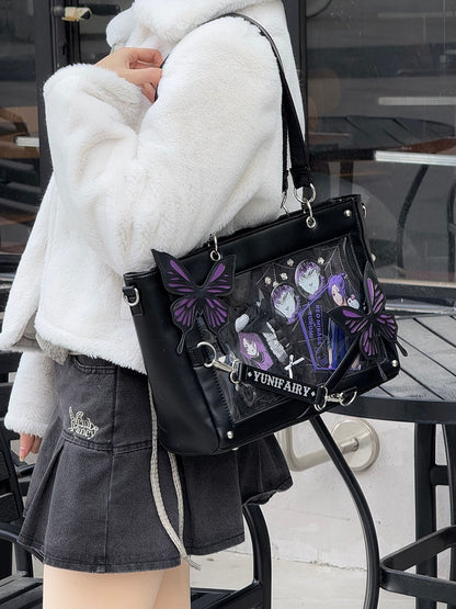 Purple Detachable Butterfly Spiderweb Detail Black Ita Shoulder Bag
