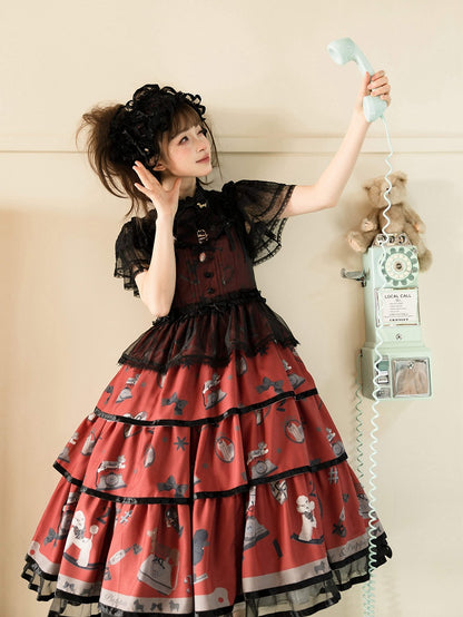 Puppy and Telephone Print Tiered Skirt Black and Red Sweet Lolita Jumper Skirt