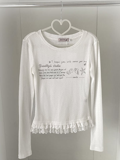 White Lace Trim Round Neck Graphic T-shirt