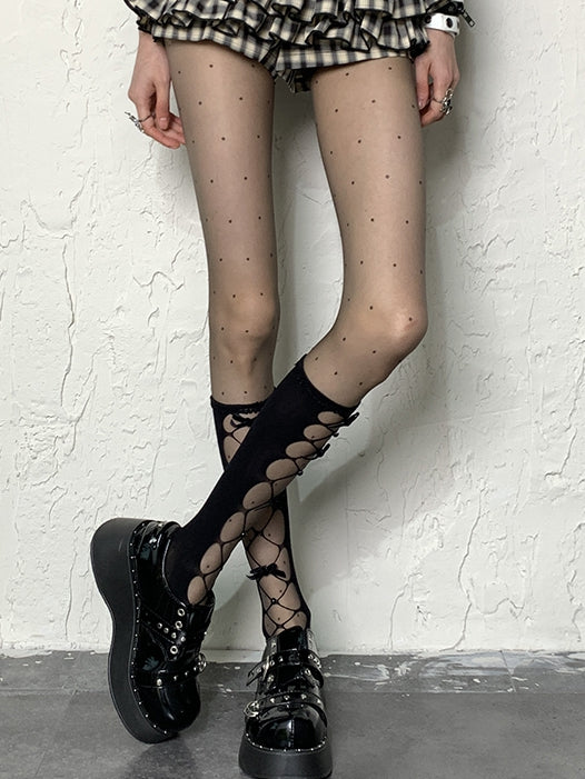 Black Pattern Polka-dot Tights Y2K