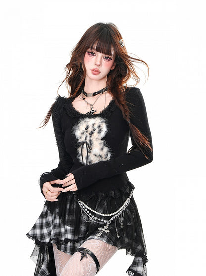 Glamorous Black/Gray/White Acubi Fashion Neckline Hem Ruffled Plush Puppy Knitted Top Adorable and