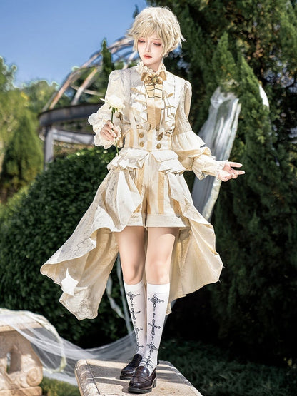 Champagne High Waist Striped Ouji Lolita Overall Shorts with Cascading Ruffle Train