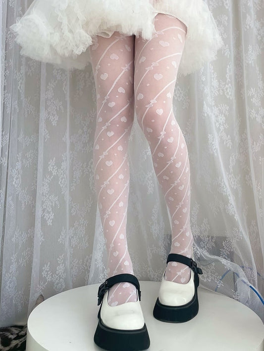 White/Black Semi-sheer Heart Lolita Tights