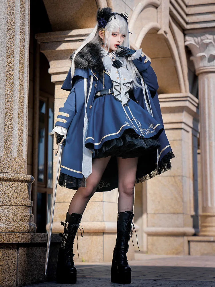 XXL Gold Coat Blue Skirt + Set Cape Shirt Jabot Trimming Clearance-Size Full Lolita Military and