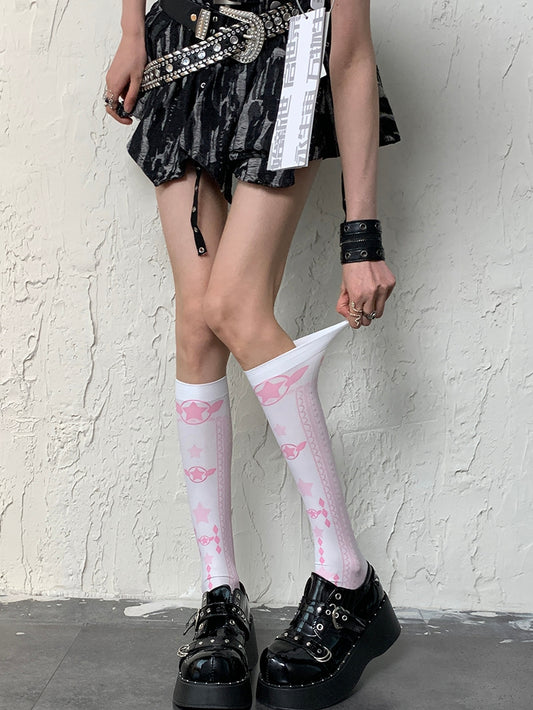 Stockings WhitePink Diamond And Y2K Underknee Star Pattern