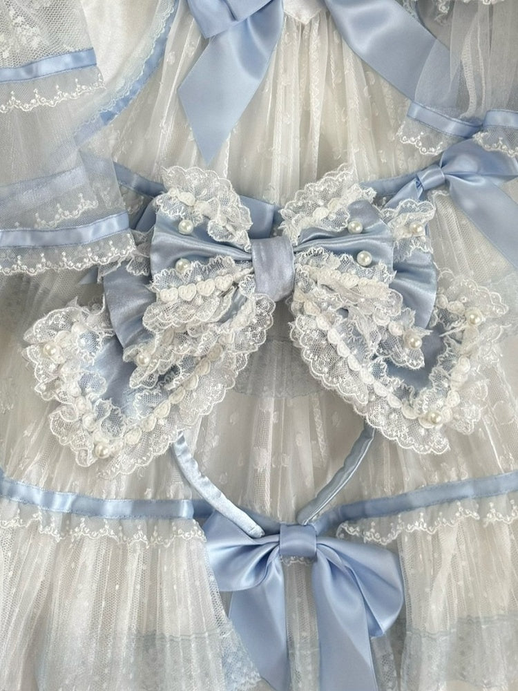 Lace BlueWhite/Black Trim KC Bowknot Beaded Decorated
