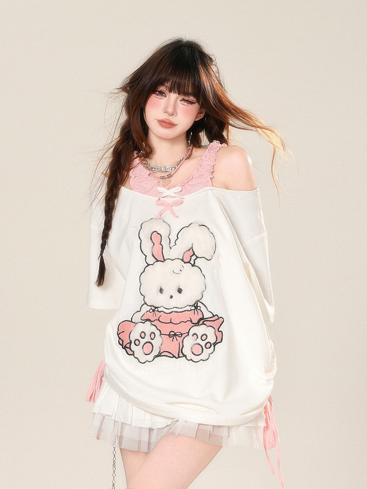 T-Shirt Pattern Adorable Cutout Shoulder Drawstring Waist Bunny White Loose