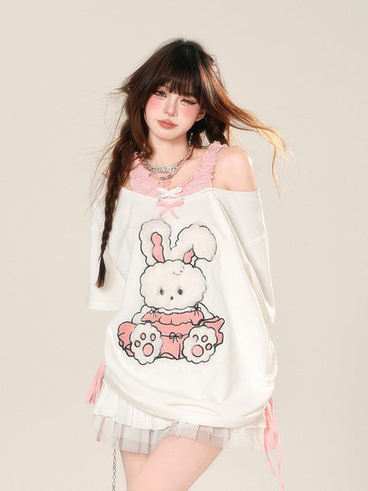 T-Shirt Pattern Adorable Cutout Shoulder Drawstring Waist Bunny White Loose