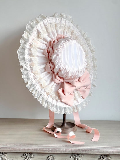 Bow Blue/Green/Pink Sweet and Ruffles Lolita Striped Accent with Hat Lace