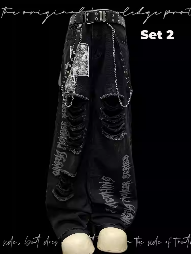 Black Punk Print Dragon Holes Hem Jeans Distressed Appliques Raw
