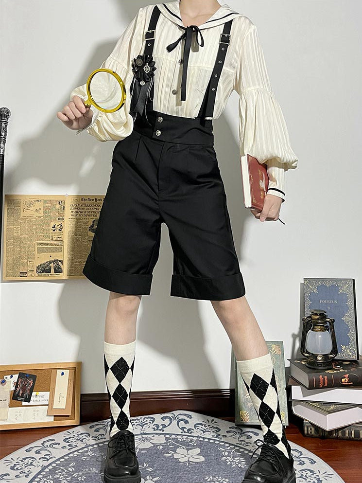 Ouji with Apricot Long Shorts Straight-leg Fashion Shoulder + Collar Lolita Outfit Straps Sailor Sleeves Shirt - Black