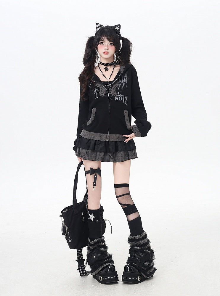 Y2K Black Distressed Holes Zip-up Hooded Jacket