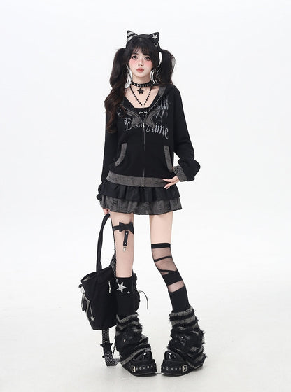 Y2K Black Distressed Holes Zip-up Hooded Jacket