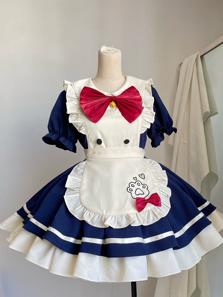 Robe tablier bleu foncé avec broderies de pattes de chat Sweet Maid Lolita