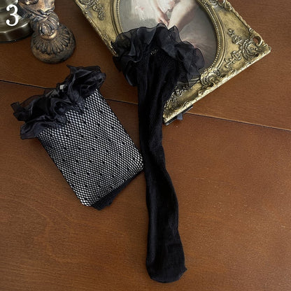 Leg Straps Stockings/Black Warmers/Leg Lace Underknee Black Ruffle Pattern White Loop Hollow-out Stockings/Self-tie Floral