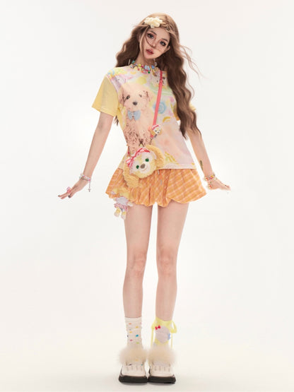 Light Yellow Round Neck Cute Puppy Print T-Shirt