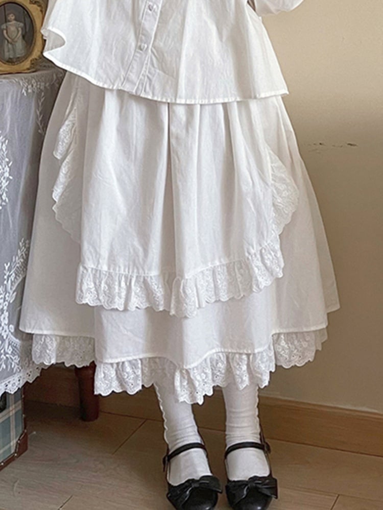 Scalloped Eyelet Trim Flounce Hem Apron Skirt