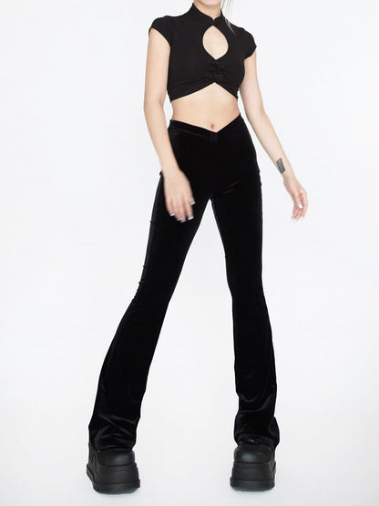 Black Velvet Pointed Waistband Waist Glamorous Flared Pants