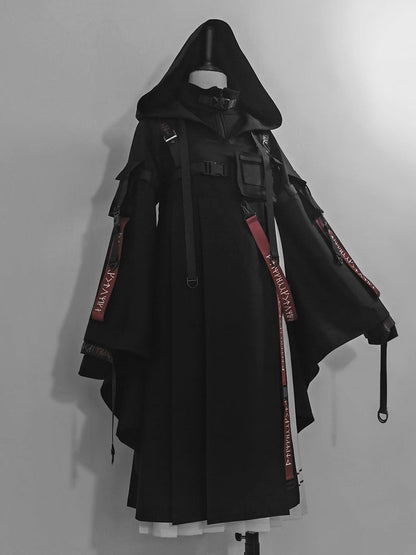 Buckle Hooded Lolita Techwear Ouji Strappy Jacket Black