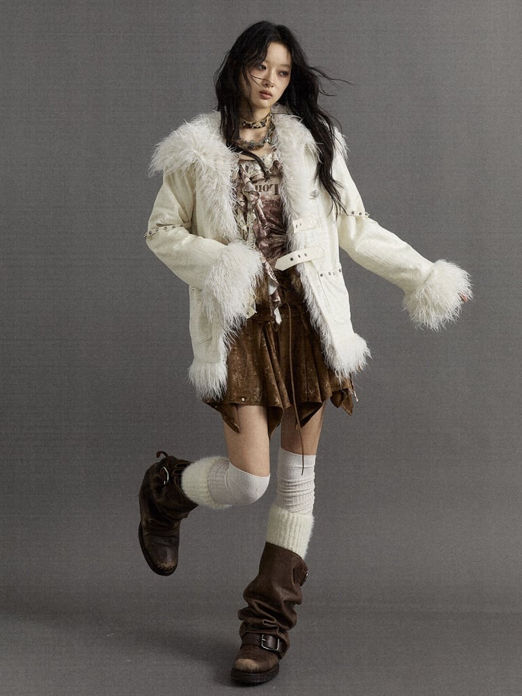 Silver Buckles and Studs Milk White Punk Loose Winter Coat