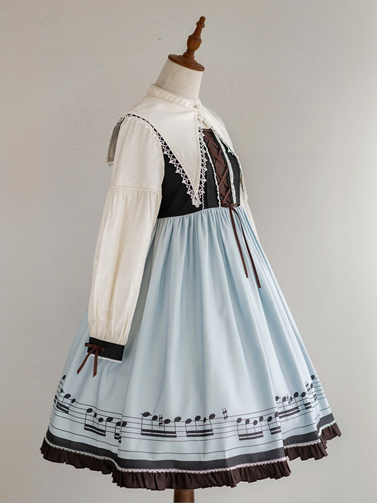 Robe Lolita d'automne bleue à manches longues et col pointu séparé, motif notes de musique