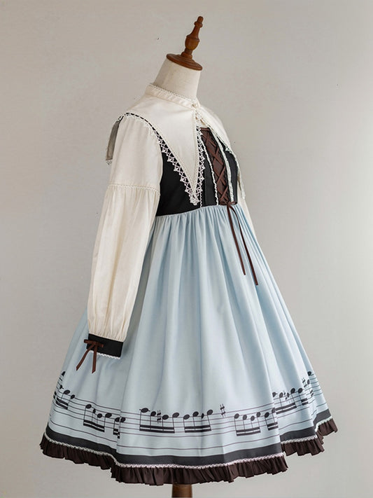 Robe Lolita d'automne bleue à manches longues et col pointu séparé, motif notes de musique