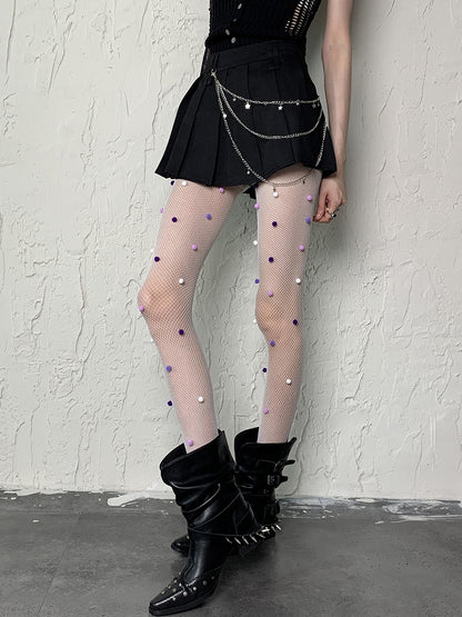 With Purple Pompons Fishnet Tights Design White Pink Y2K Hollow-out