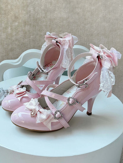Light Elegant with PU Pink Bows High Leather Lolita Heels