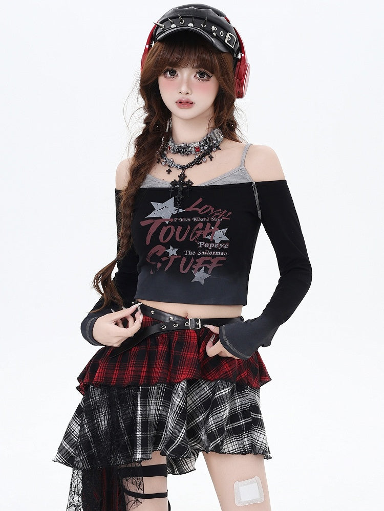 Y2K Black Letters Fake Two-piece Design Cropped Top