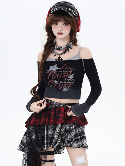 Y2K Black Letters Fake Two-piece Design Cropped Top