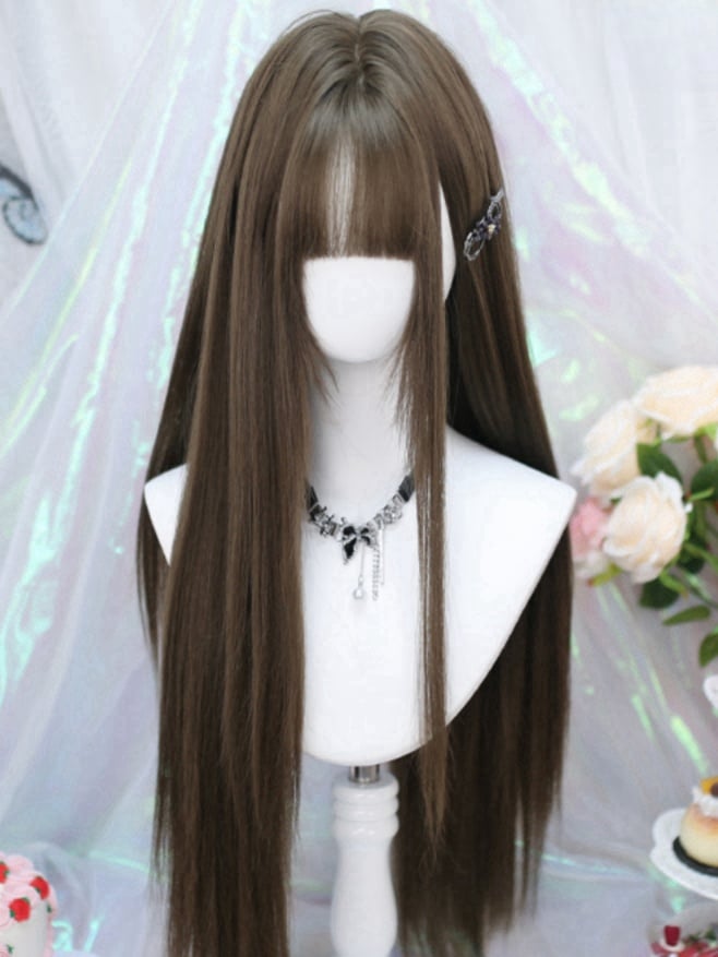 Perruque brune lisse 70-75 cm avec frange aérienne
