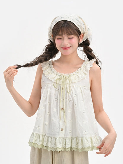 Neckline Tank Top Self-tie Flutter Sleeves Tiered at Strap Green with Ruffles Cutton