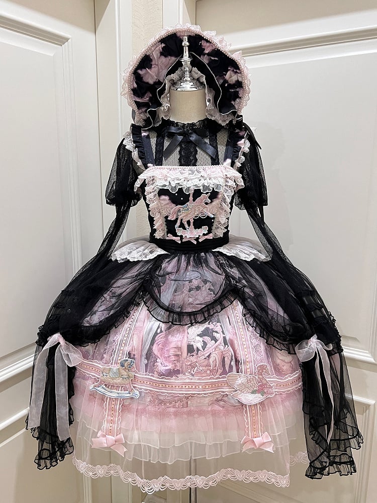 Black and Pink Curtain Tulle Overlay Flying Horse Skirt Lolita Jumper Skirt