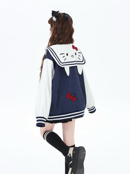 Marineblau/graue Baseballjacke mit Matrosenkragen und Kätzchenstickerei
