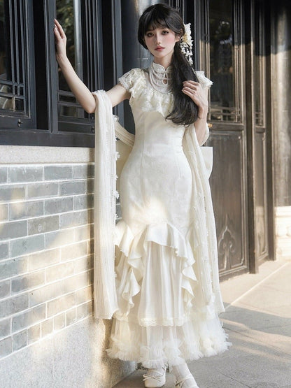 Ruffle Mermaid Butterfly Jacquard Trim Dress Qi Qipao Lolita Cascading Collar