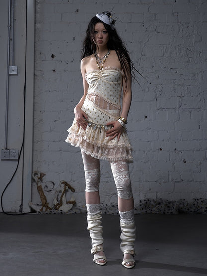 Beige/Black Neck Waist Polka-dot Vintage Halter Lace Patches