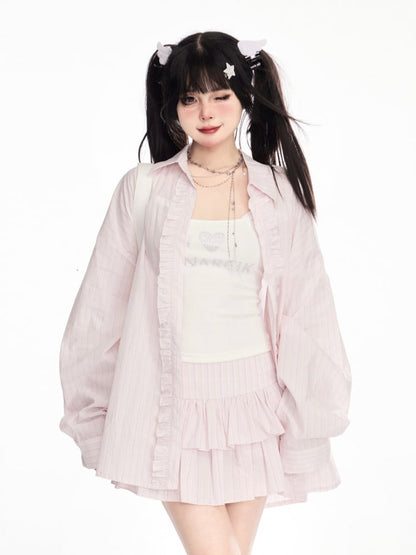 ウエストティアードストライプスカート ピンク ロー