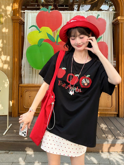 T-Shirt Apricot/Black Round Neck Apple Embroidery Loose