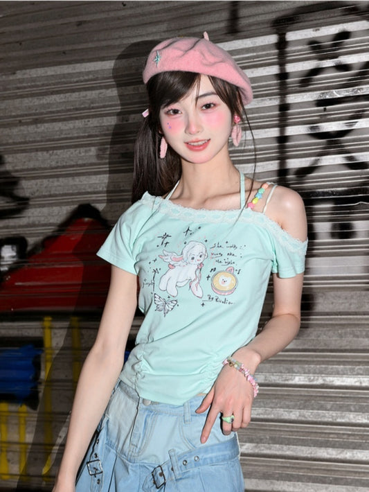 Y2K Entzückendes T-Shirt mit Lamm-Print und asymmetrischem Ausschnitt in Mintgrün