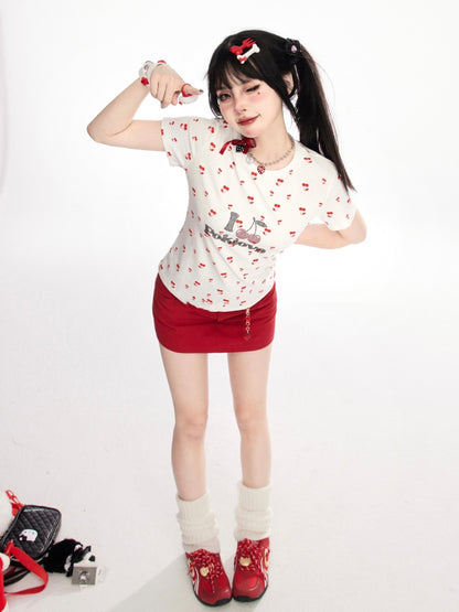 White Allover Cherry Print Rhinestone Letter T-shirt