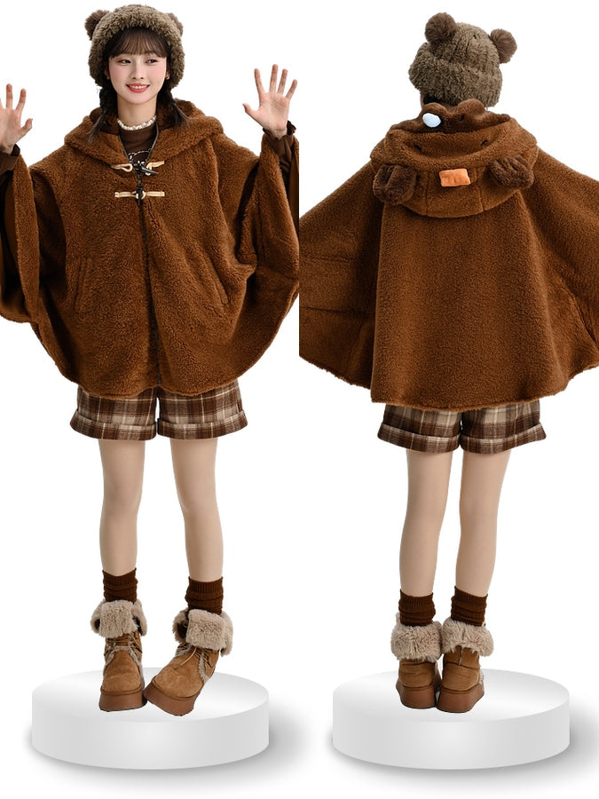 Brown Cute Capybara Hood Zip Closure Fleece Hooded Cape