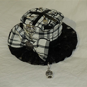 Mini Charm Scoop Pattern Crown Plaid Decorated BlackWhite Hat Bowknot And Fork