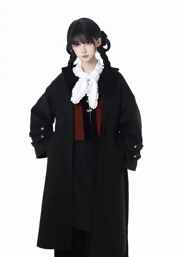 Black Open Placket Cherry Tonal Embroidery Coat