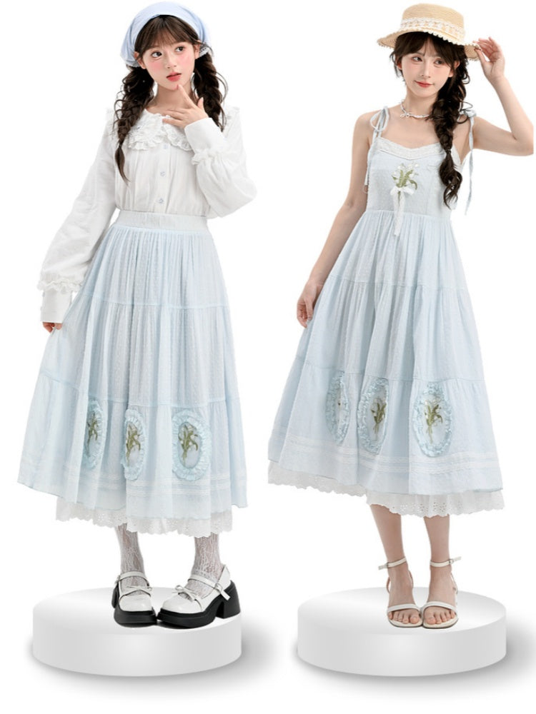 Cami Dress Light Blue Lily of the Valley Embroidered Lace Trim Cutton