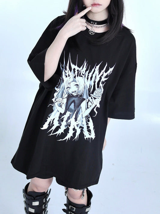 Kei Cartoon Mädchen Print Schwarzes T-Shirt Jirai Rundhals