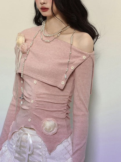 Pink Floral Asymmetrical Neckline Knit Long Sleeves Top