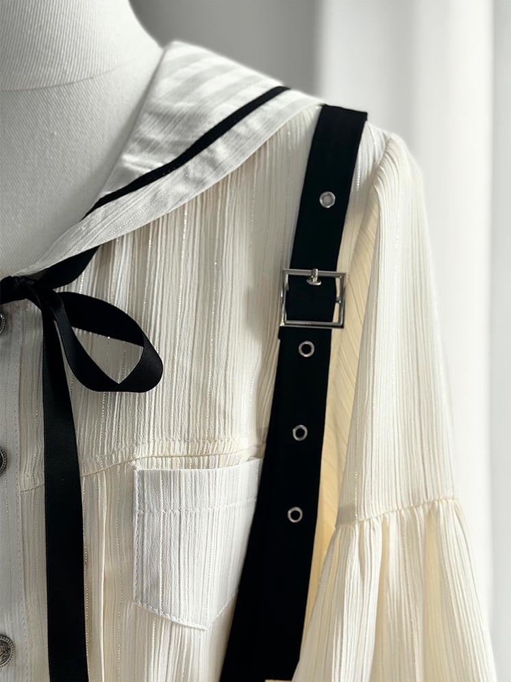 Ouji with Apricot Long Shorts Straight-leg Fashion Shoulder + Collar Lolita Outfit Straps Sailor Sleeves Shirt - Black